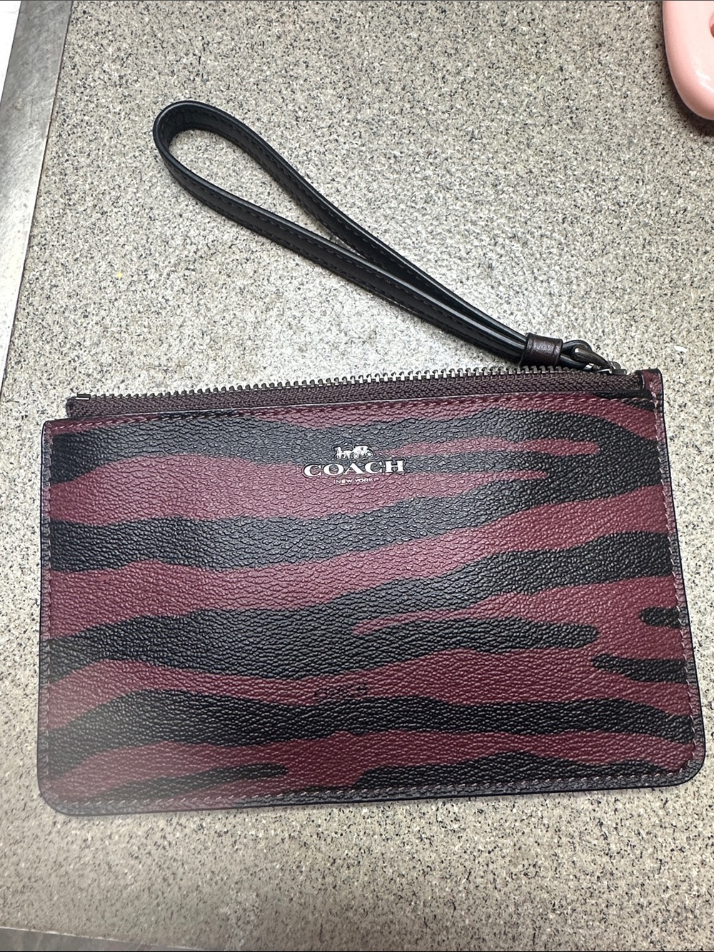 Coach Wristlet Pouch in Burgundy and Black Zebra Stripe